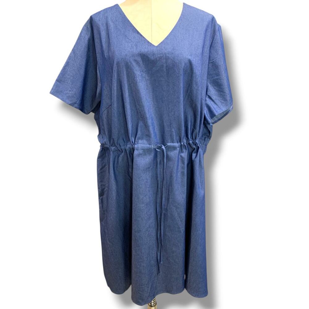 4X Agnes Orinda Plus Size Denim Jean Dress Drawstring Waist V-Neck Pockets